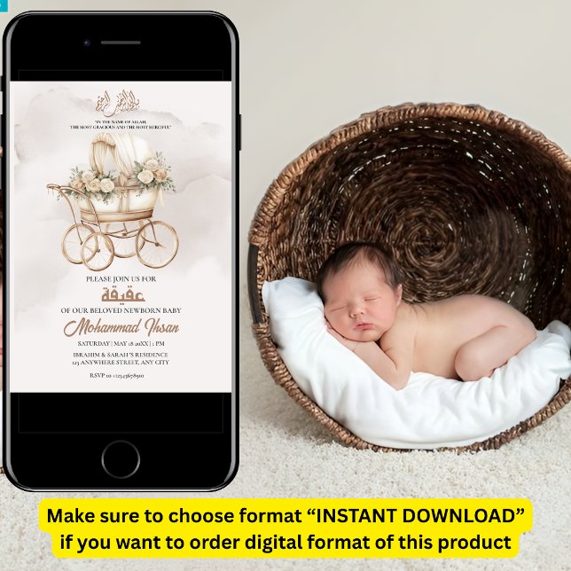 Convite Boho Baby Carruagem Aqiqah Unisex Muslim Newborn (Criador carregado)