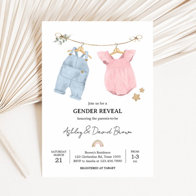 Convite Boho Baby Clothes Gender Reveal (Boho Baby Clothesline Baby Shower Invitation)
