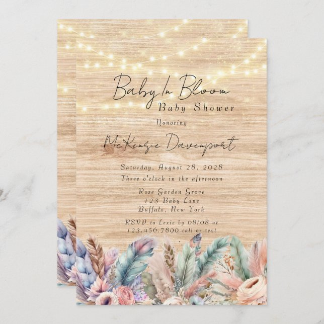 Convite Boho Baby In Bloom Chá de fraldas (Frente/Verso)