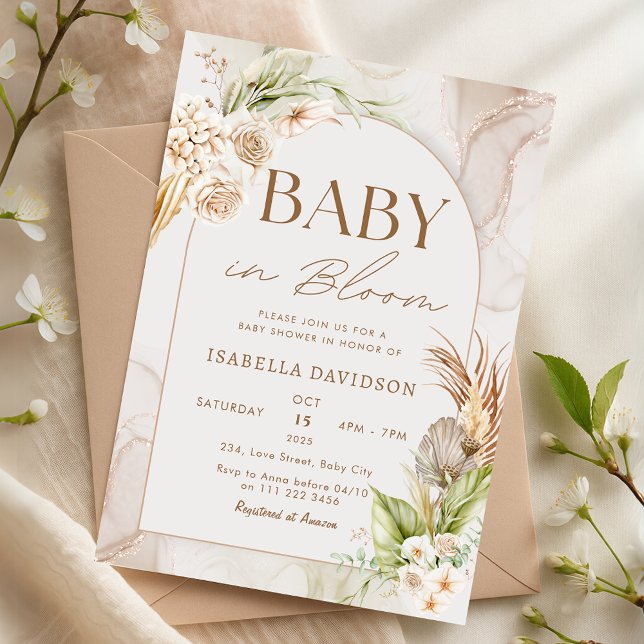 Convite Boho Baby in Bloom Chá de fraldas Pampas Floral (Boho Baby in Bloom Baby Shower Pampas Floral Invitation)