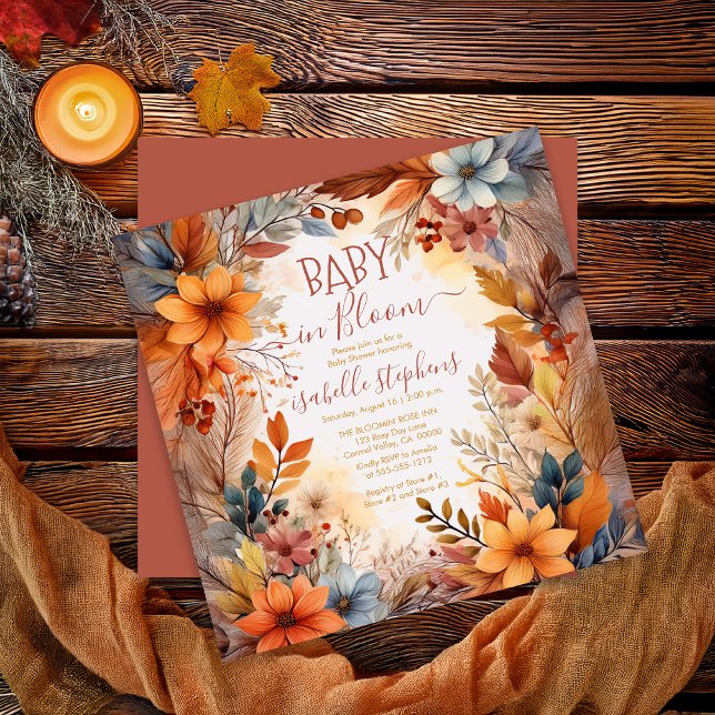 Convite Boho Baby in Bloom Fall Floral Frame Baby Shower (Boho Baby in Bloom Fall | Autumn Floral Frame Baby Shower Square Invitation - Print | Digital )