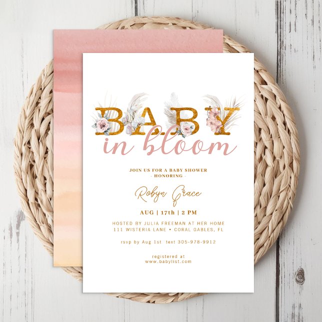 Convite Boho Baby in Bloom Pampas Chá Invance (Gold Boho Baby In Bloom)