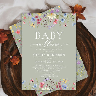 Convite Boho Baby in Bloom Wildflower Green Chá de fraldas