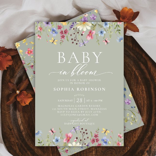 Convite Boho Baby in Bloom Wildflower Green Chá de fraldas (Criador carregado)