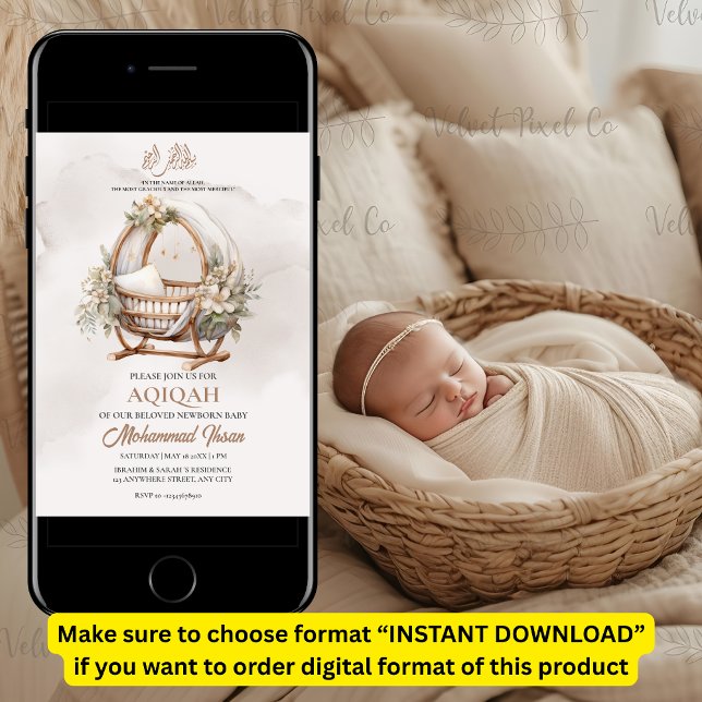 Convite Boho Baby Nursery Aqiqah Unisex Muslim Newborn (Criador carregado)
