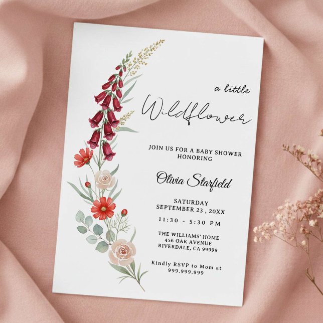 Convite Boho Baby Shower Invitation red floral watercolor (Criador carregado)