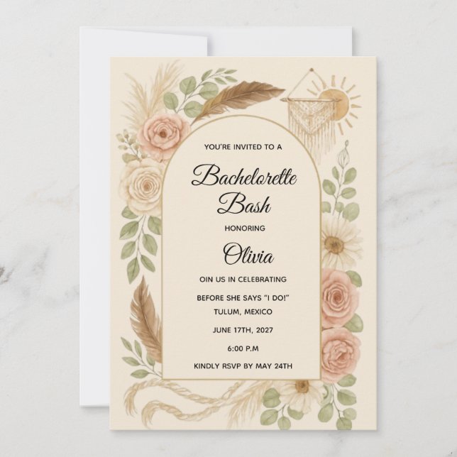 Convite Boho Bachelorette Bash Invitation | Neutral Floral (Frente)