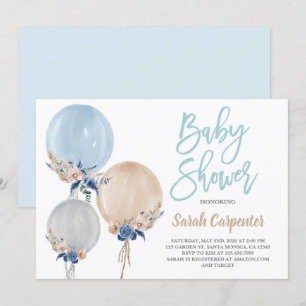Convite Boho balões chás de fraldas azuis empoeirados