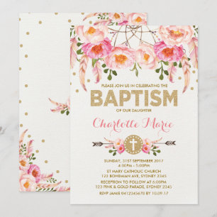 Convite Boho Baptism Invite Dreamcatcher Floral Dourada Ro