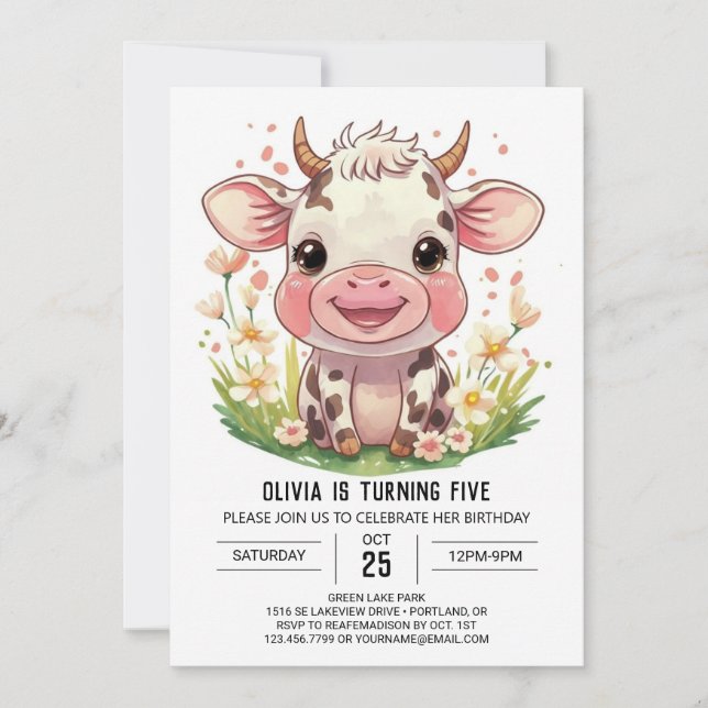 Convite Boho Barnyard Pink Cow Birday (Frente)