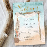 Convite Boho Beach Arbor Watercolor Ocean Wedding<br><div class="desc">Convite para casamento na praia de Boho com a arbócia rustica, elegante caligrafia de ouro e linha costeira do oceano com aquarela. Esta bela design tem uma praia arenosa, uma arca de casamento estilo chic boêmia decorada com voile e eucalipto com uma cesta de grama-palha e flores tropicais. "o casamento...</div>
