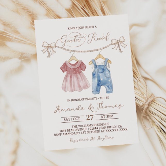 Convite Boho Bebê Roupas Rosa Azul Revelação do Gênero (Criador carregado)