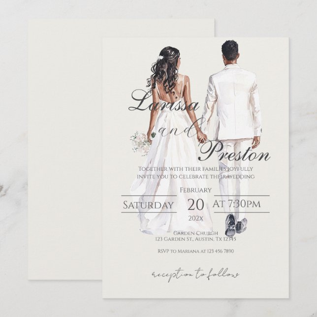 Convite Boho bege com casamento de noiva e noivo (Frente/Verso)