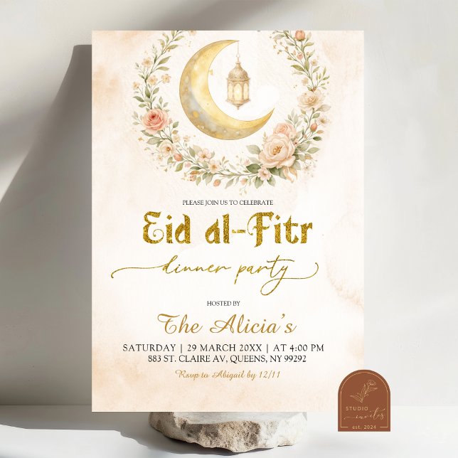 Convite Boho Bege Floral Crescente Ramadan Eid Al-Fitr (Criador carregado)