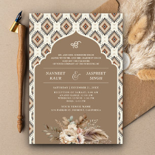 Convite Boho Bege Marfim Ikat Anand Karaj Casamento Sikh