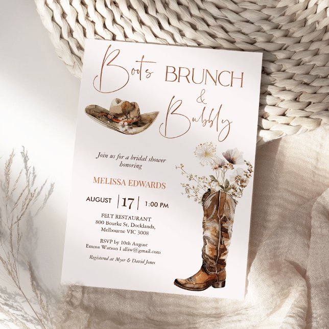 Convite Boho Beige Boots Chá de panela de espuma de Brunch (Boots Brunch and Bubbly Bridal Shower Invitation Template, Wildflowers Cowgirl Boots Bridal Shower )
