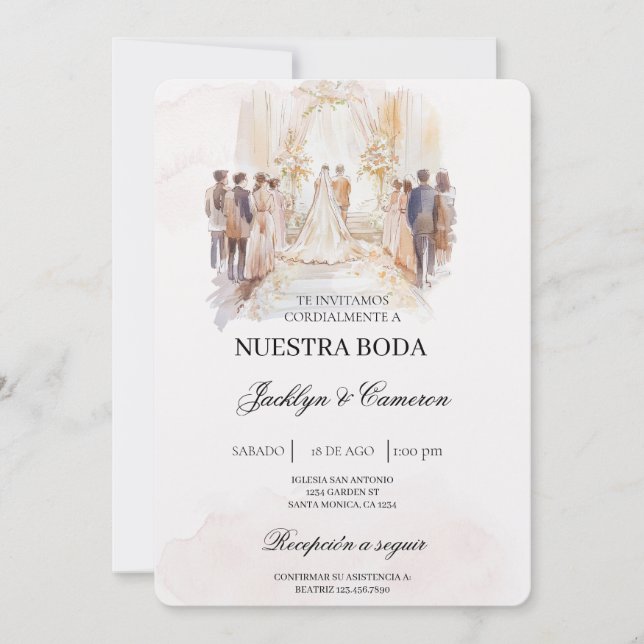 Convite Boho beige com noiva Casamento espanhol (Frente)