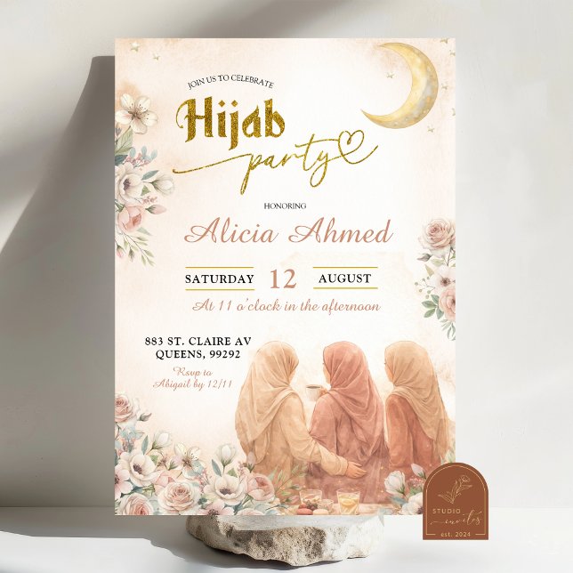 Convite Boho Beige Floral Hijab Party (Criador carregado)