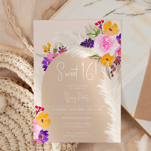 Convite Boho beige floral pampas ártico deserto Sweet 16