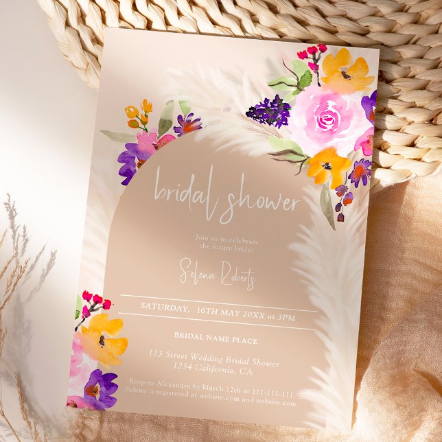 Convite Boho beige floral pampas Chá de panela de arco do  (Boho beige floral pampas desert arch Bridal shower Invitation)