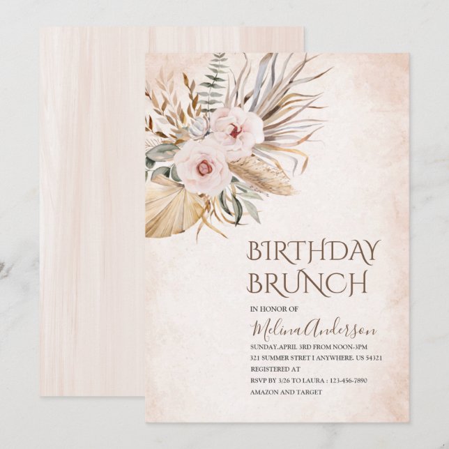 Convite Boho Beige Flower Watercolor Brunch (Frente/Verso)