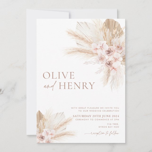 Convite Boho Beige Flowers Pampas Invitation OLIVE (Frente)