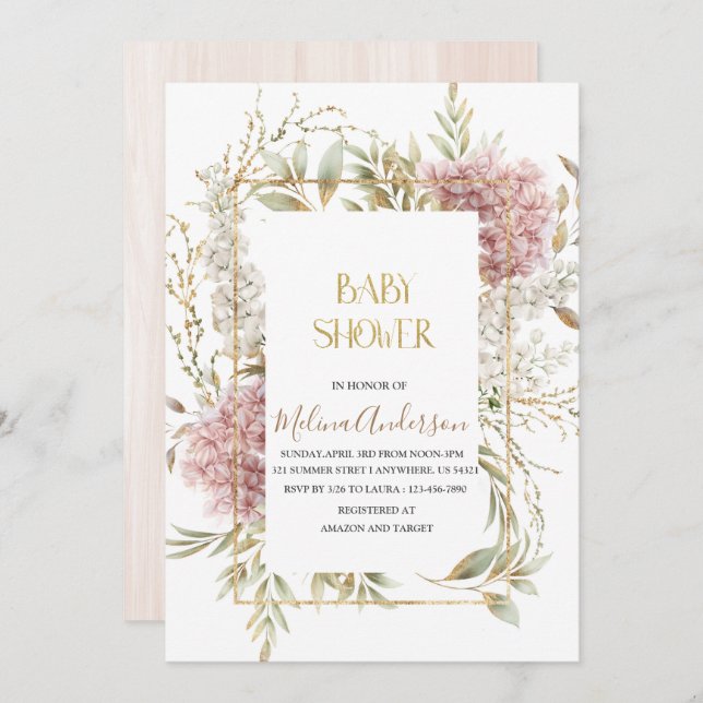 Convite Boho  Beige Flowesr  gold watercolor baby shower (Frente/Verso)