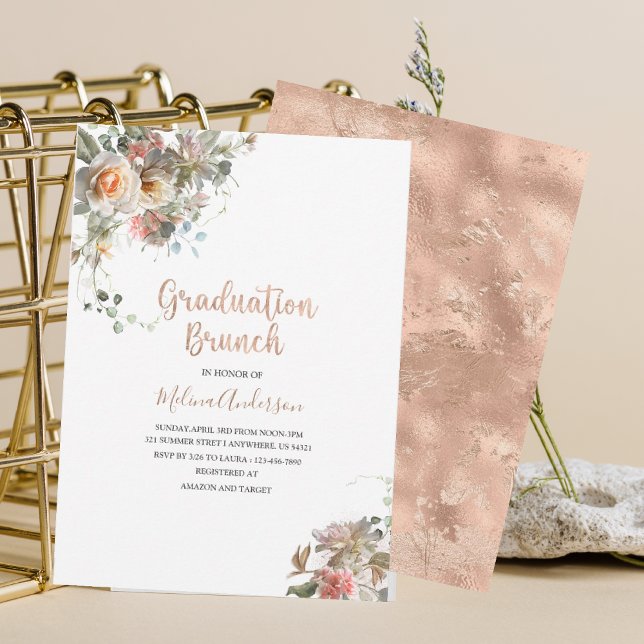 Convite Boho  Beige Flowesr  watercolor graduation brunch (Criador carregado)