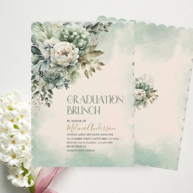 Convite Boho Beige Green Flowers gold watercolor (Criador carregado)