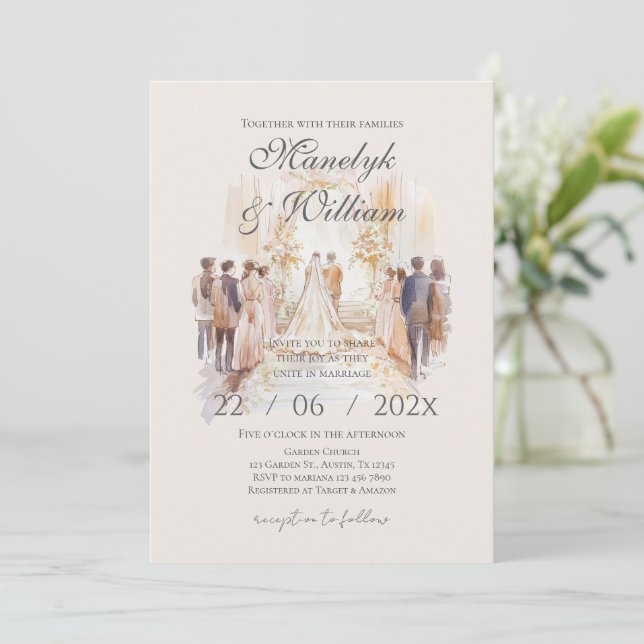 Convite Boho beige with bride Wedding Invitation (Em pé/Frente)