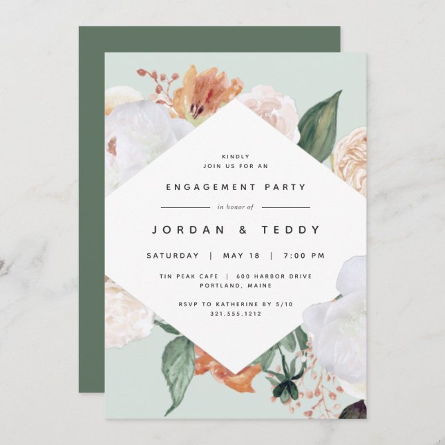 Convite Boho Blooms | Festa de noivado Floral Moderna (Frente/Verso)