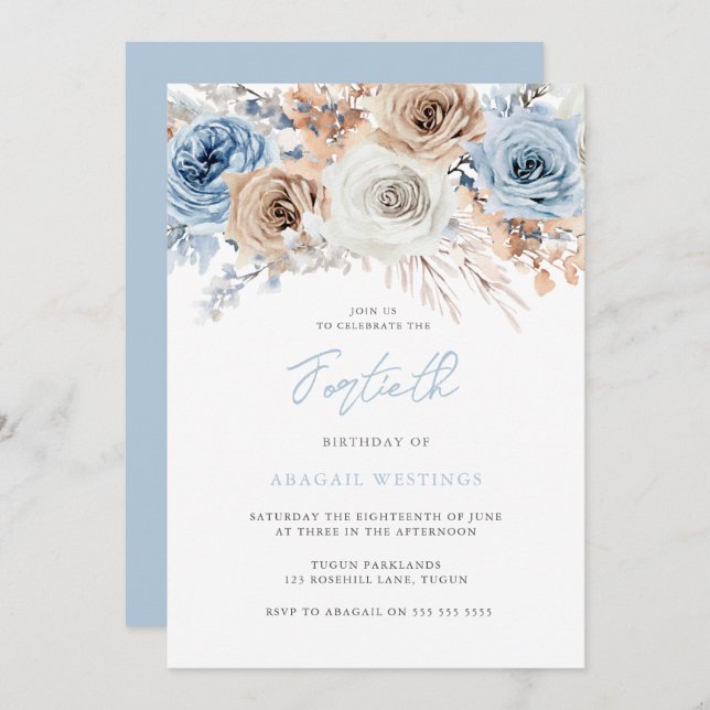 Convite Boho Blue aniversário de 40 anos (Frente/Verso)