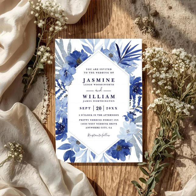 Convite Boho Blue Bouquet Floral Elegant QR Code Wedding (Criador carregado)