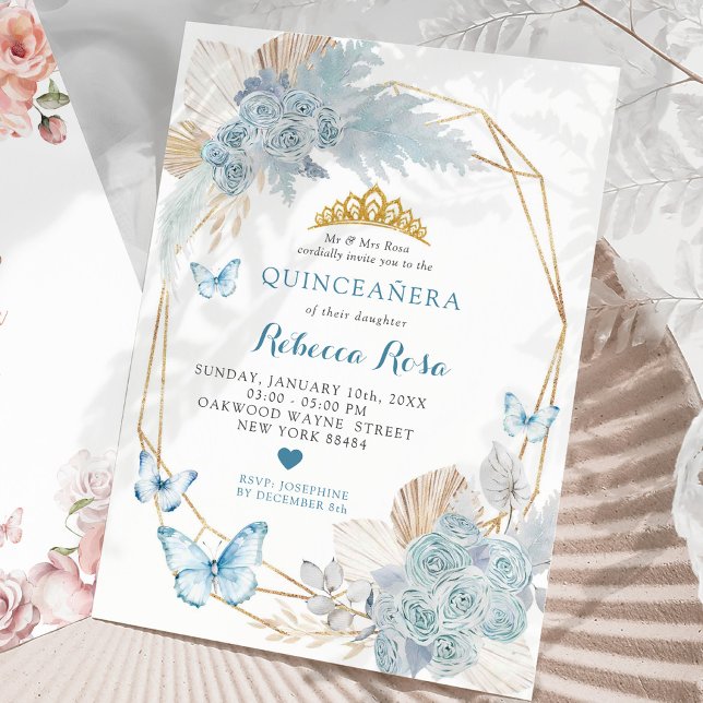 Convite Boho Blue Butterfly Geométrica Quinceañera (Criador carregado)