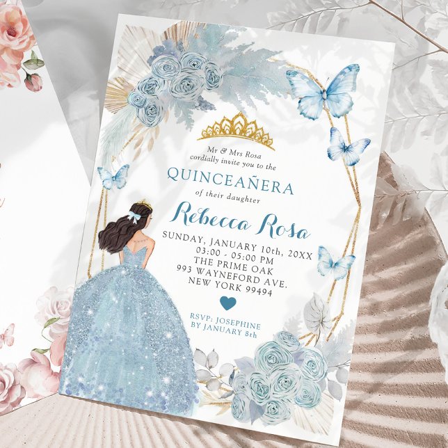 Convite Boho Blue Butterfly Mexicana Princesa Quinceañera (Criador carregado)
