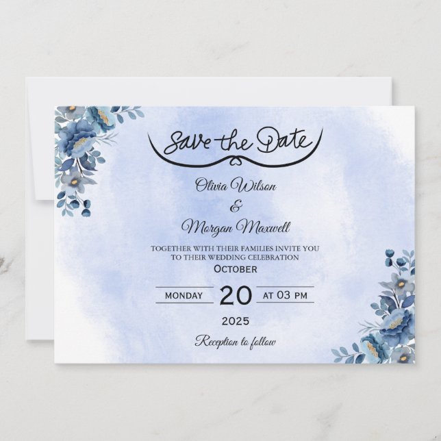 Convite Boho Blue Floral Weding Date (Frente)