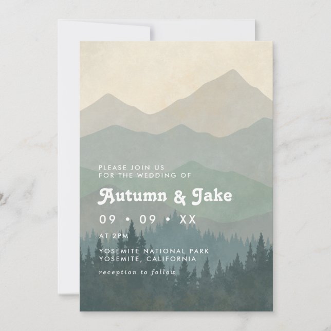 Convite Boho Blue Forest Mountains Retro Wedding  (Frente)