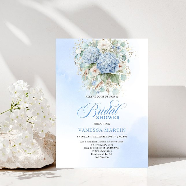 Convite Boho Blue Hydrangea Bridal Shower Gold Invitation (Boho Blue Hydrangea Bridal Shower Gold Invitation)