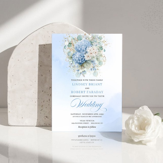 Convite Boho Blue Hydrangea Gold Floral Wedding Invitation (Boho Blue Hydrangea Gold Floral Wedding Invitation)
