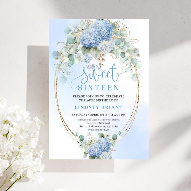 Convite Boho Blue Hydrangea Gold Sweet Sixteen Invitation (Boho Blue Hydrangea Gold Sweet Sixteen Invitation)