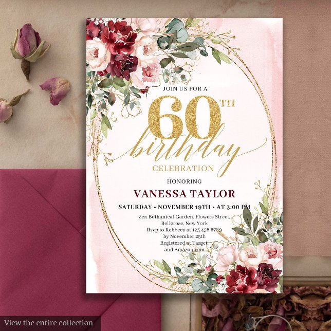 Convite Boho Blush and Gold Burgundy 60th Birthday Card (Boho Blush and Gold Burgundy 60th Birthday Card)