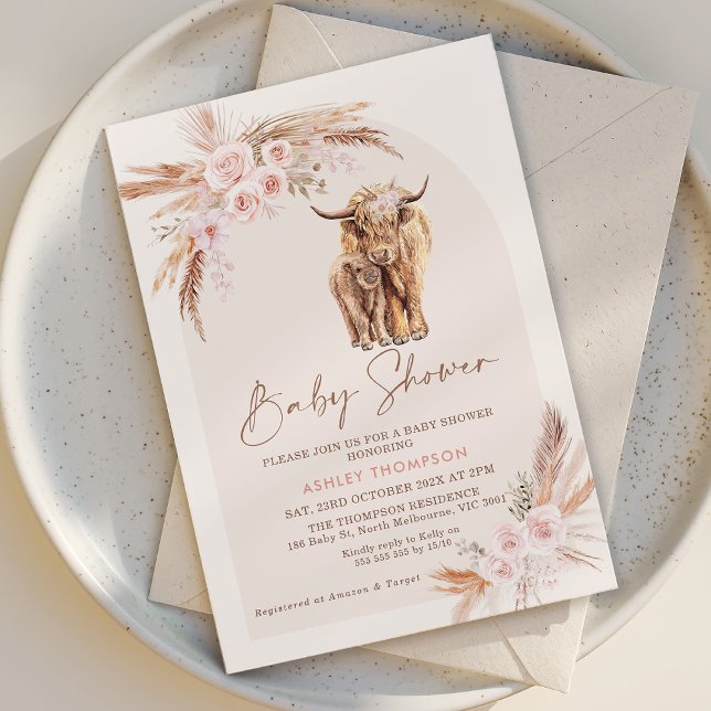 Convite Boho Blush Arco Floral Chá de fraldas Santa Vaca (Holy Cow Baby Shower Invitation Template Girl, Pink Highland Cow baby Shower Invitation, Boho Floral)