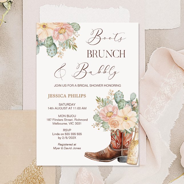 Convite Boho Blush Boot Chá de panela de espuma de Brunch (Floral Boots Brunch and Bubbly Bridal Shower Invitation Template, Cowgirl Boots Bridal Shower Bottle)