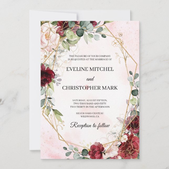 Convite Boho blush burgundy casamento geométrico (Frente)