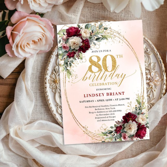 Convite Boho Blush Burgundy Floral 80th Birthday Invite (Boho Blush Burgundy Floral 80th Birthday Invitation)