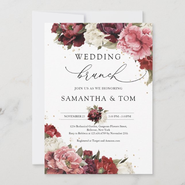 Convite Boho Blush burgundy mauve peonies brunch (Frente)