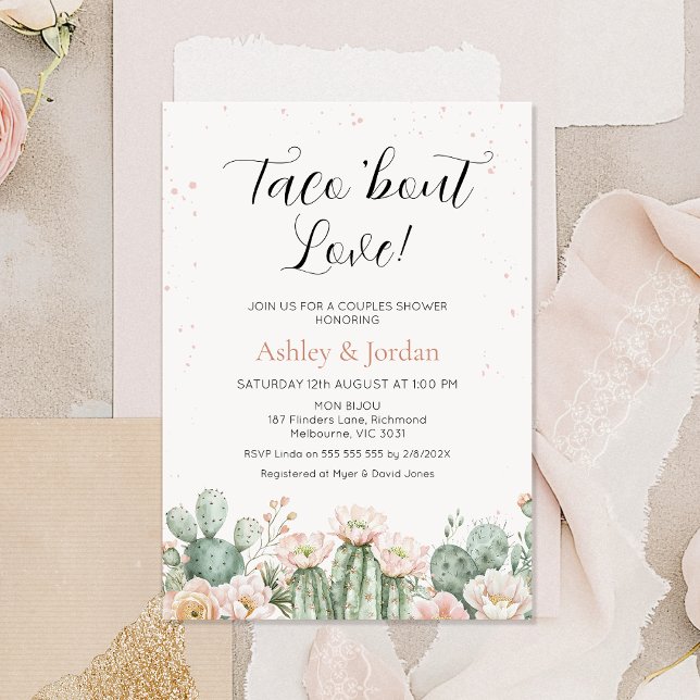 Convite Boho Blush Cactus Taco sobre Casais de amor Bridal (Light Blush Floral Taco 'bout Love Couples Bridal Shower Invitation, Flowering Cactus Fiesta Theme)