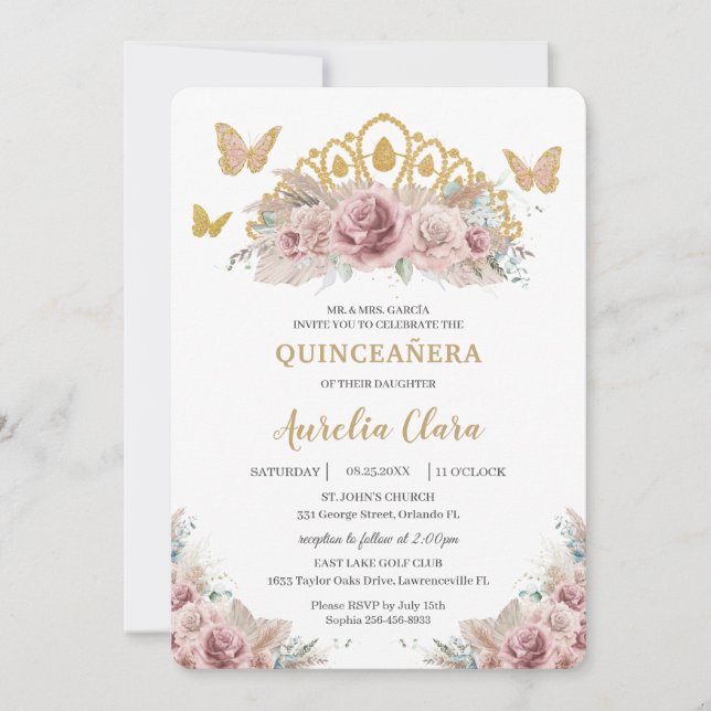 Convite Boho Blush Dusty Rosa Floral Pampas Quinceañera (Frente)
