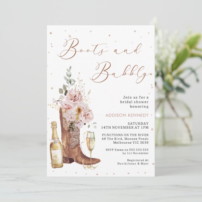 Convite Boho Blush Floral Botão Boot Borracha Chá de panel (Em pé/Frente)