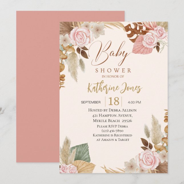 Convite Boho Blush floral eucalyptus Baby Shower   (Frente/Verso)